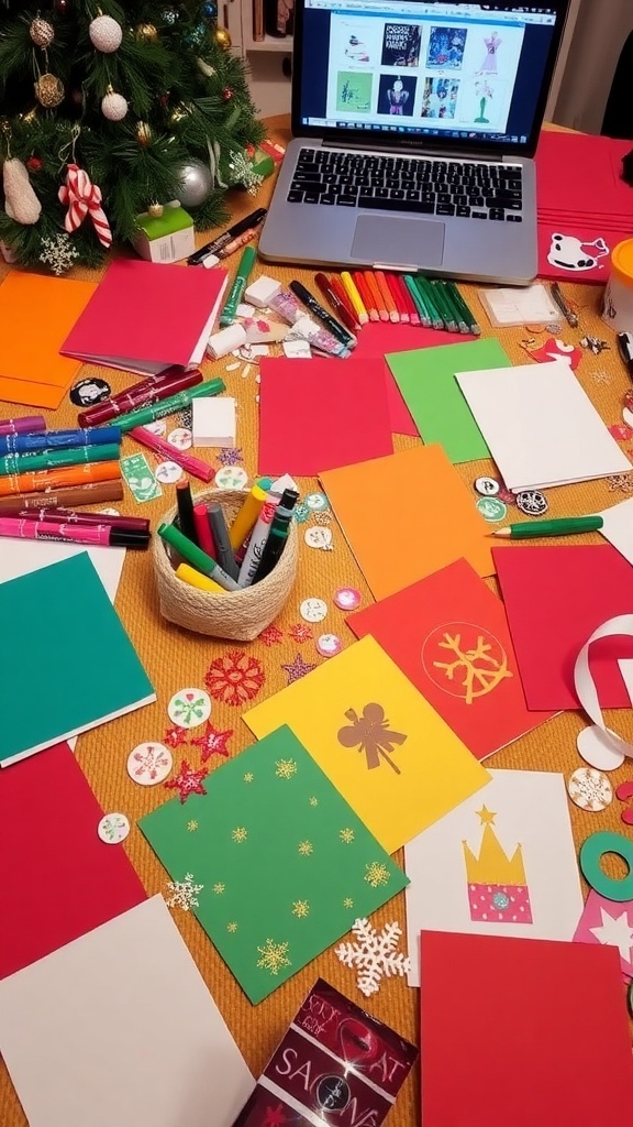 A creative workspace for making Christmas cards with colorful supplies and decorations.